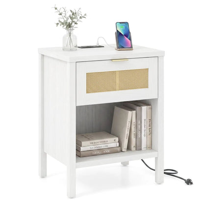 Rattan Nightstand with Charging Station and Shelf