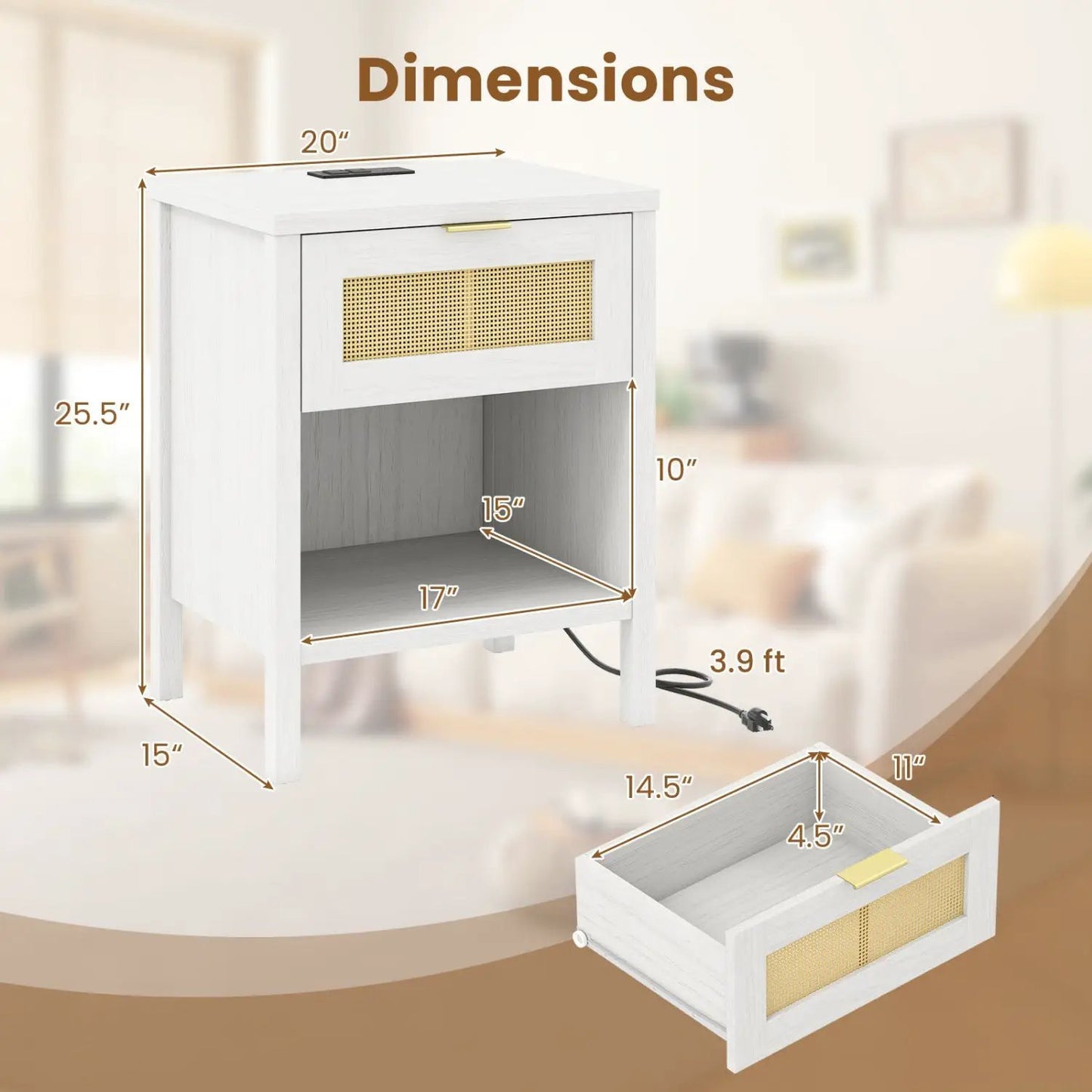 Rattan Nightstand with Charging Station and Shelf