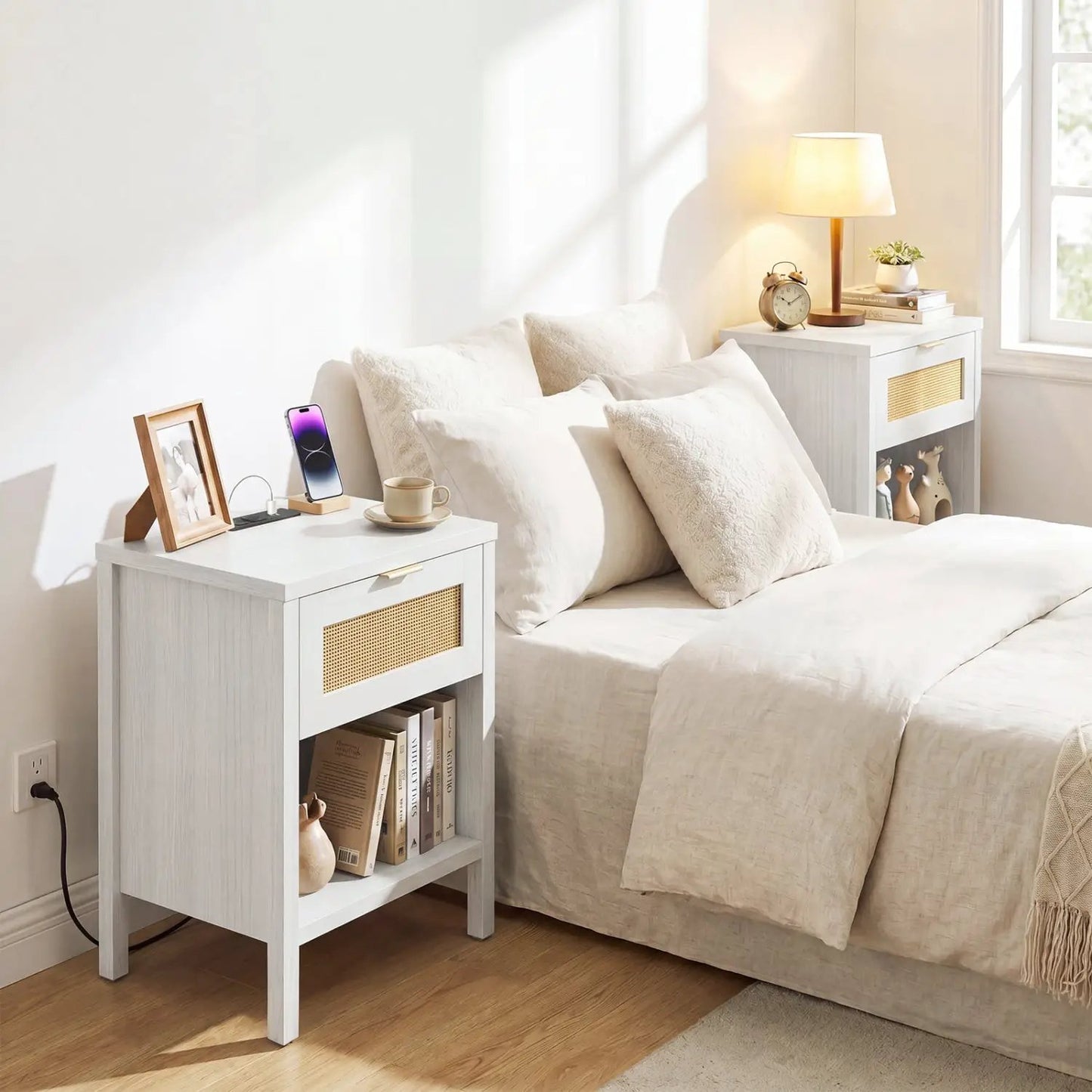 Rattan Nightstand with Charging Station and Shelf