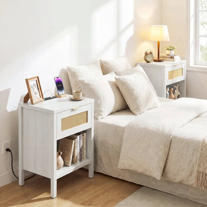 Rattan Nightstand with Charging Station and Shelf
