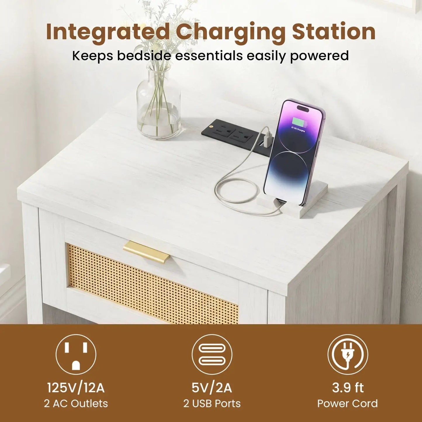 Rattan Nightstand with Charging Station and Shelf