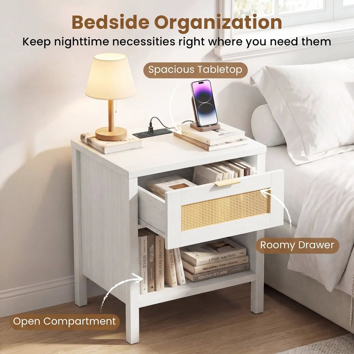 Rattan Nightstand with Charging Station and Shelf