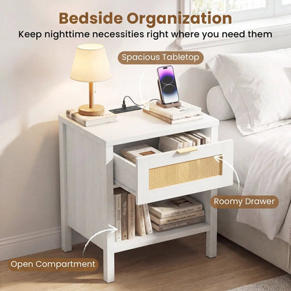 Rattan Nightstand with Charging Station and Shelf