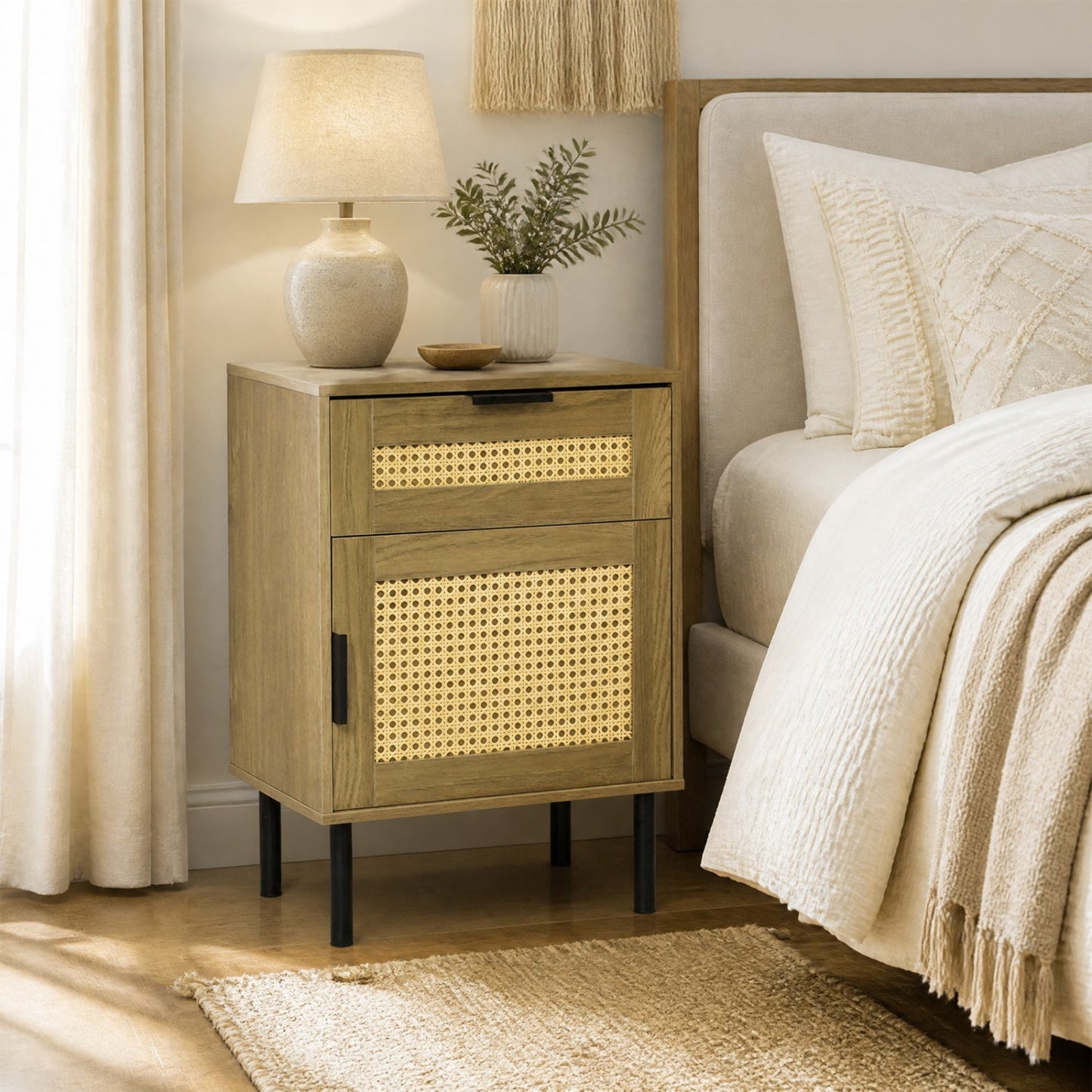 Rattan nightstand with drawer and storage cabinet, cane panel doors, black legs on Tampa Home & Garden Store