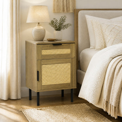 Rattan nightstand with drawer and storage cabinet, cane panel doors, black legs on Tampa Home & Garden Store