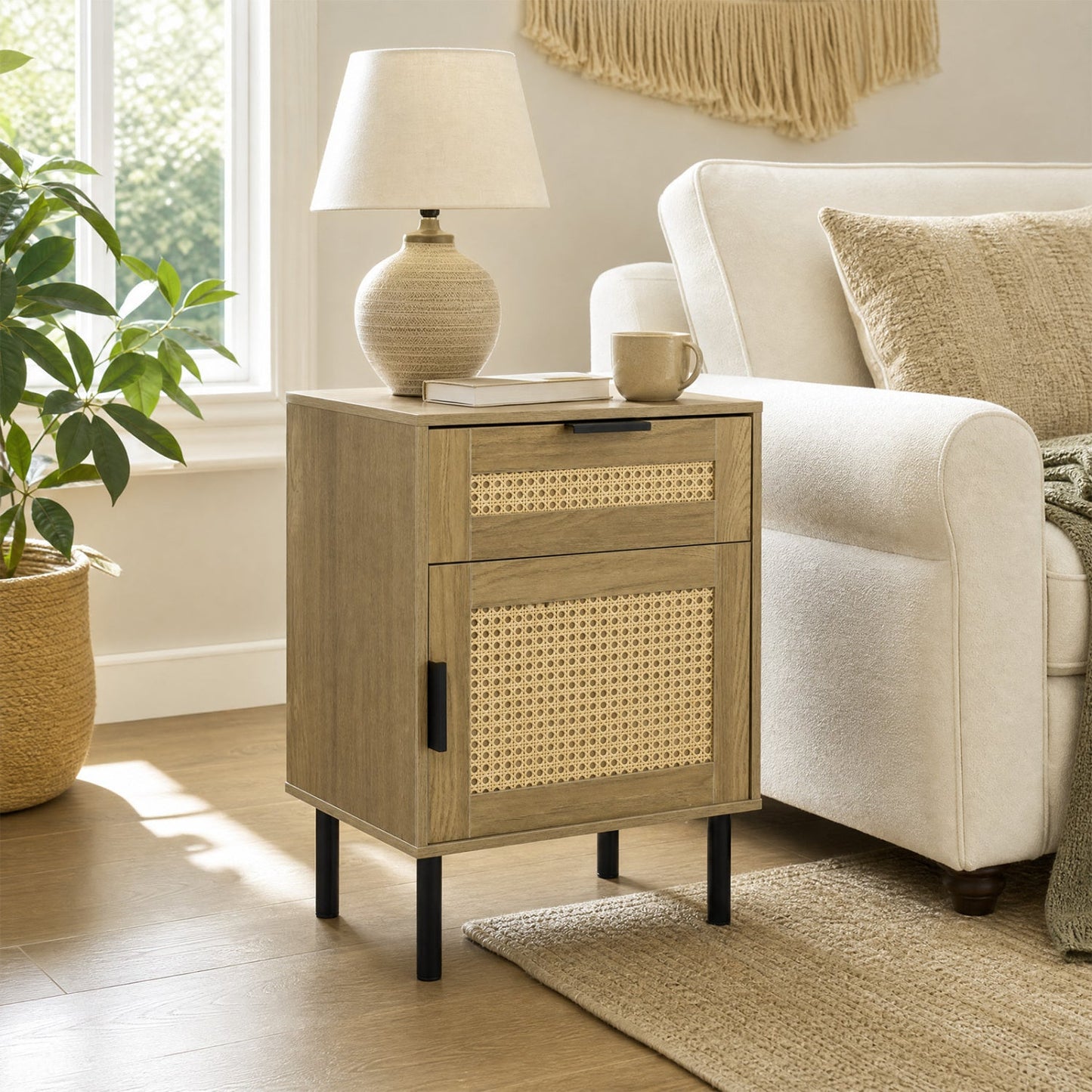 Rattan nightstand with drawer and caned cabinet doors, wood finish, DirectDeals, black legs on Tampa Home & Garden Store