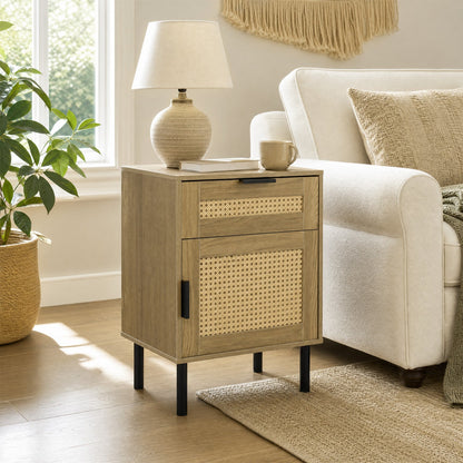 Rattan nightstand with drawer and caned cabinet doors, wood finish, DirectDeals, black legs on Tampa Home & Garden Store