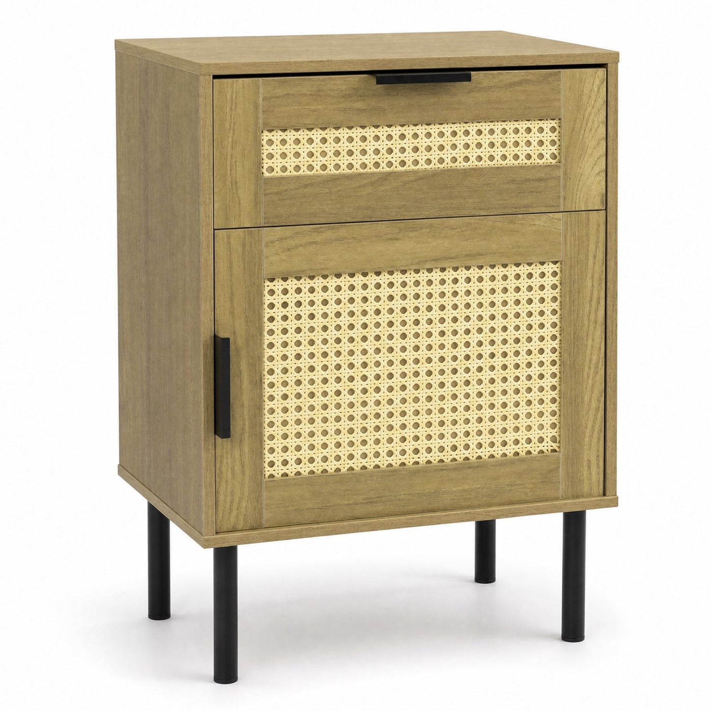 Rattan nightstand with drawer and woven cane cabinet front, oak finish, black legs DirectDeals on Tampa Home & Garden Store