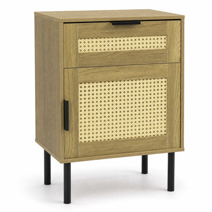 Rattan nightstand with drawer and woven cane cabinet front, oak finish, black legs DirectDeals on Tampa Home & Garden Store