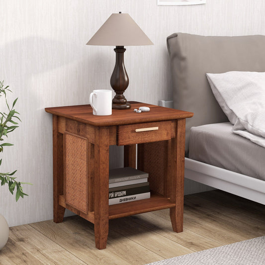 Rattan Nightstand End Table with Drawer and Storage Shelf-Walnut - Tampa Home & Garden Store