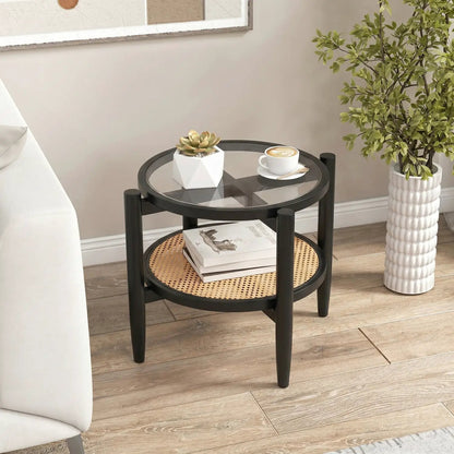 Round Rattan Side Table with Tempered Glass Top