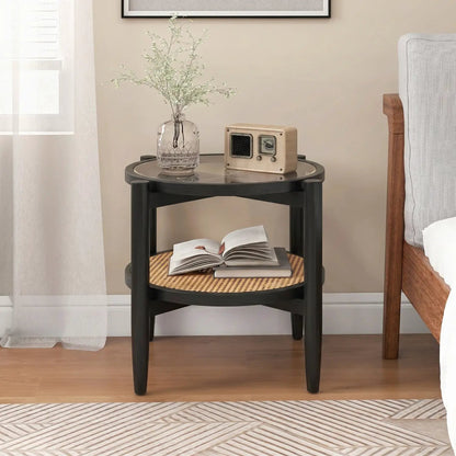 Round Rattan Side Table with Tempered Glass Top