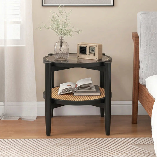 Round rattan side table with tempered glass top in black; top holds a vase and vintage radio on Tampa Home & Garden Store
