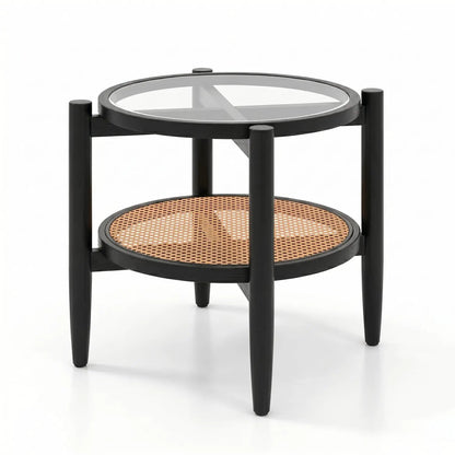 Round Rattan Side Table with Tempered Glass Top