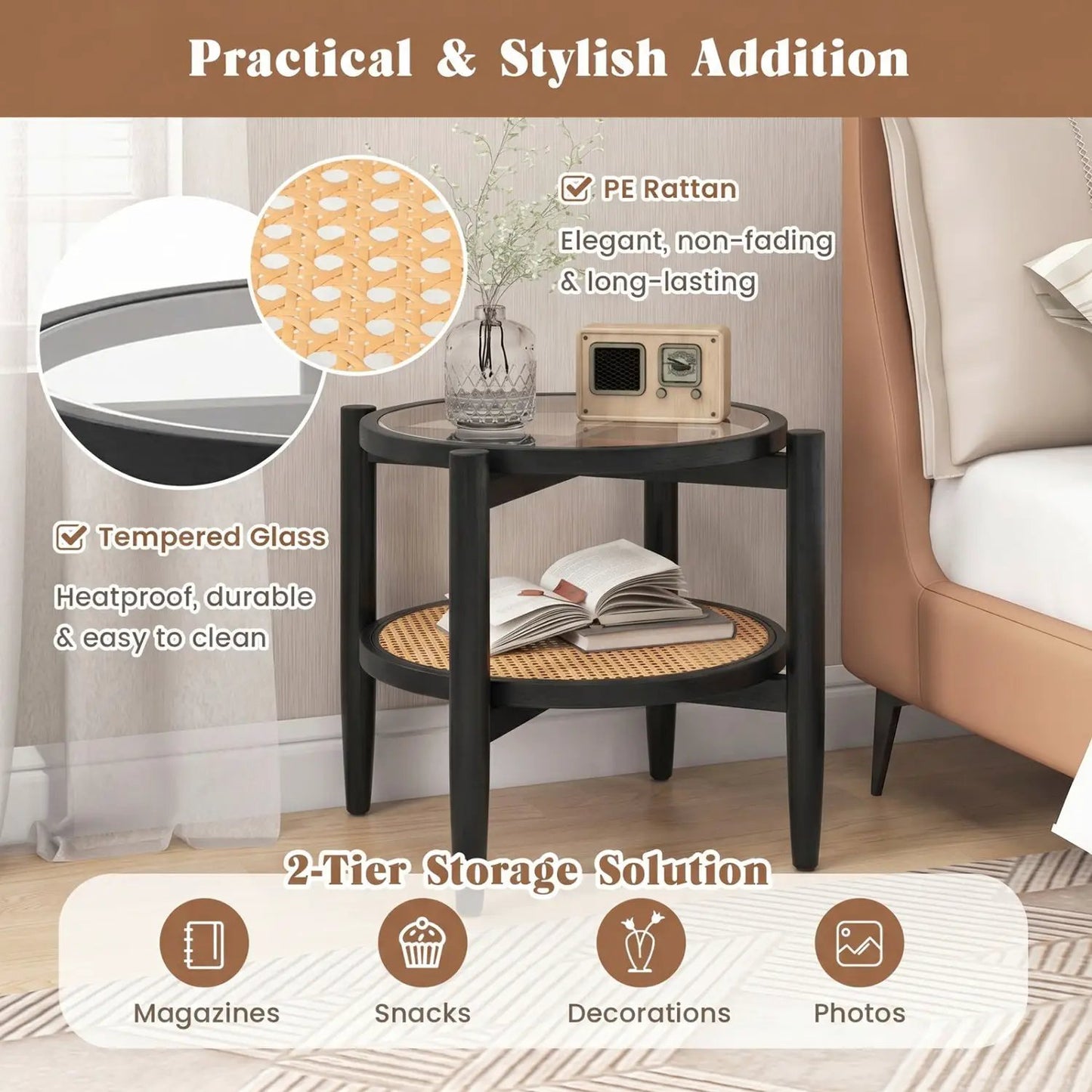 Round Rattan Side Table with Tempered Glass Top
