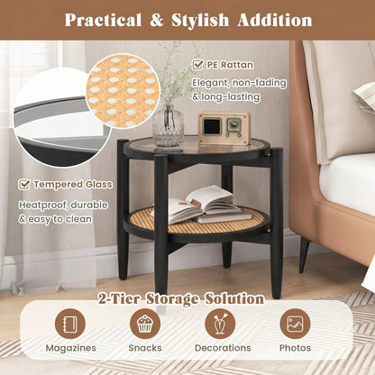 Round Rattan Side Table with Tempered Glass Top