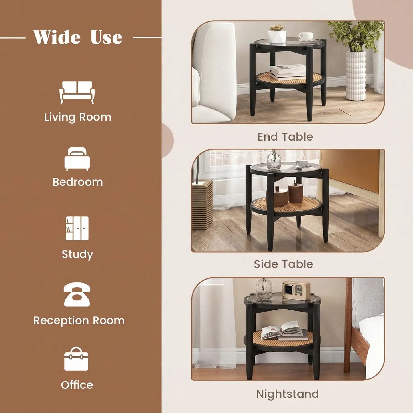 Round Rattan Side Table with Tempered Glass Top