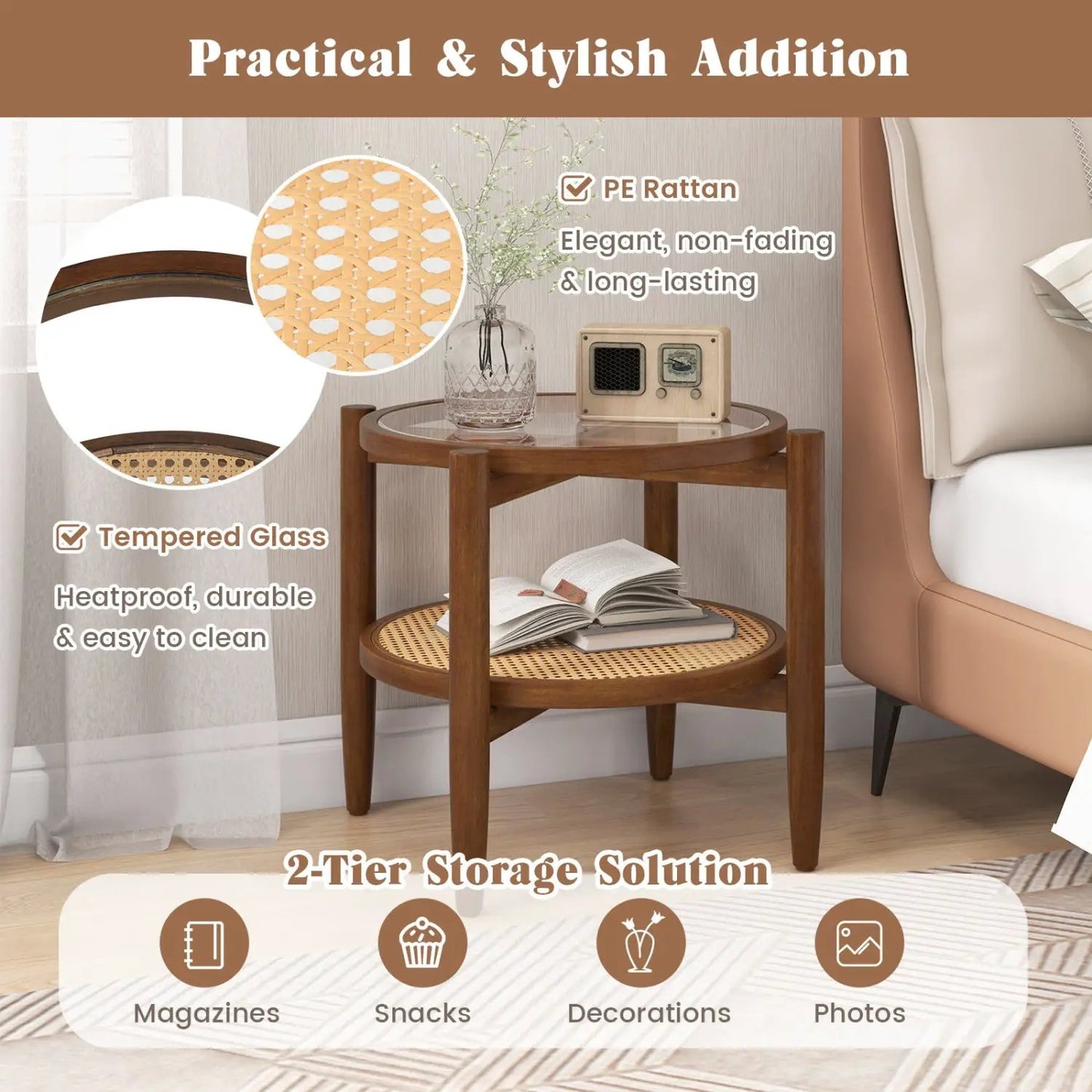 Round Rattan Side Table with Tempered Glass Top