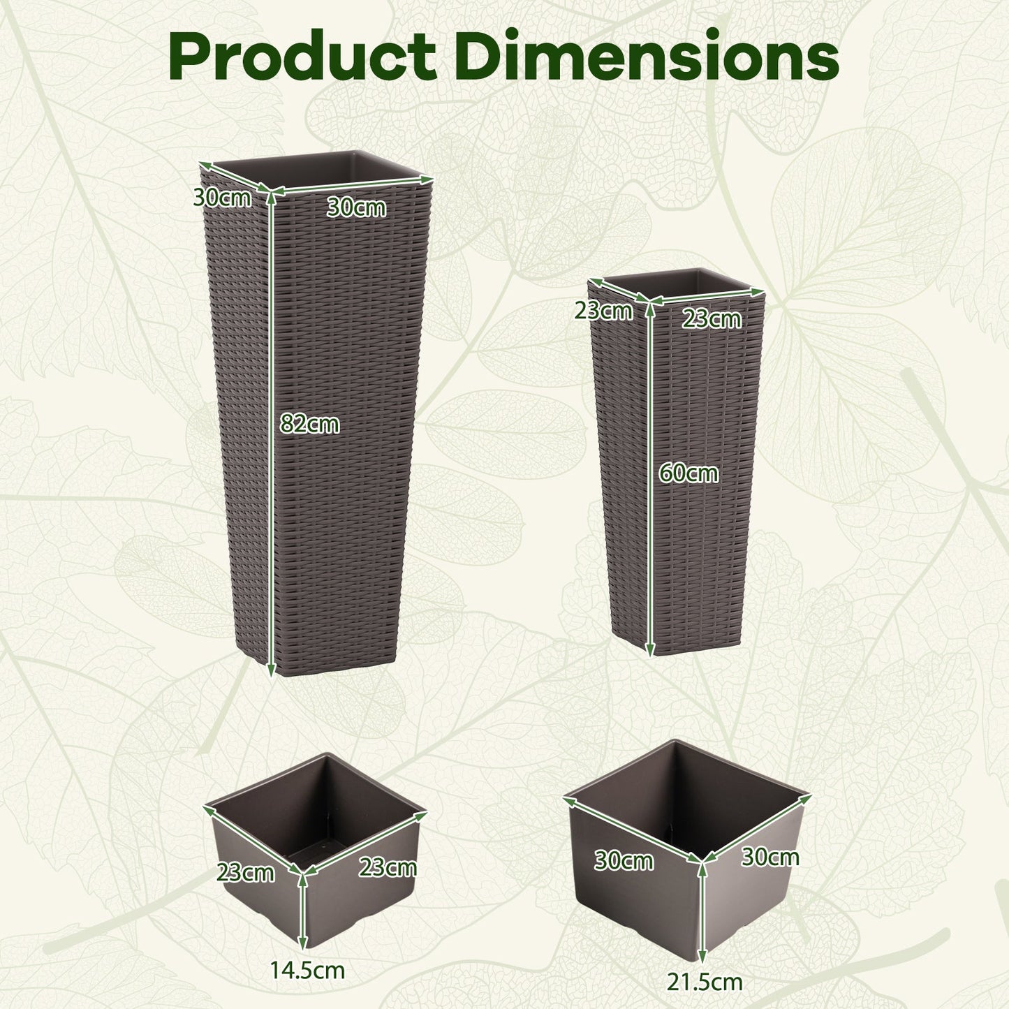 Rattan Tall Planter Set of 2 Outdoor Large Tapered Planters with Removable Inner Trays