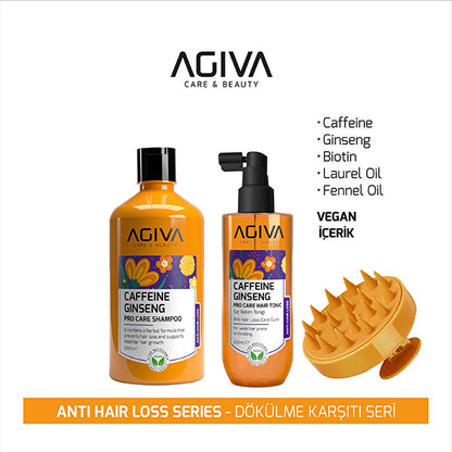 Agiva caffeine ginseng hair care set: orange shampoo and tonic bottles with massager on Tampa Home & Garden Store