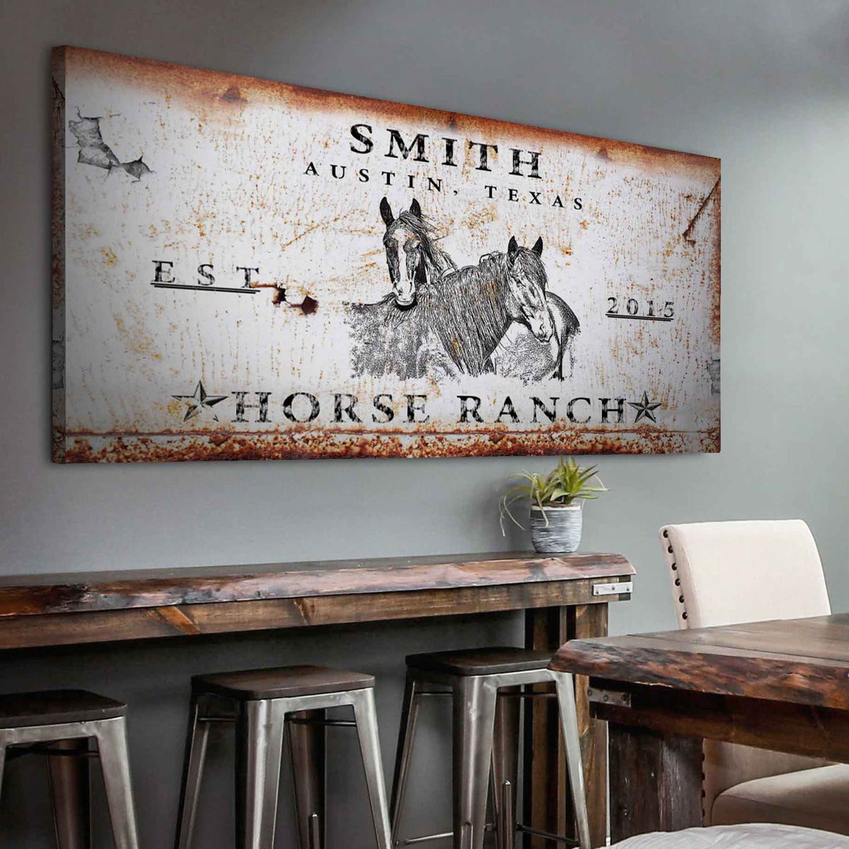 Rustic Horse Ranch Sign III canvas print with distressed white and rust textures and horses on Tampa Home & Garden Store