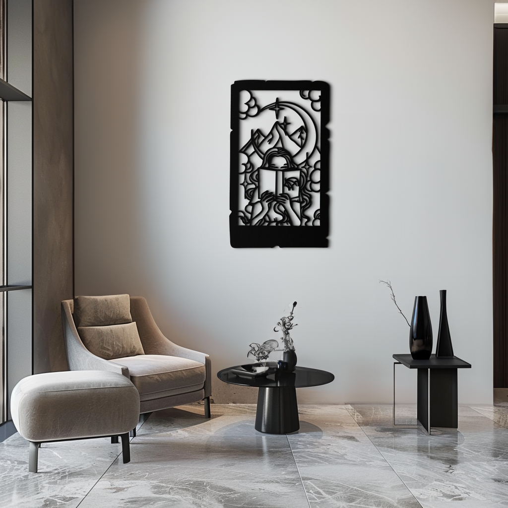 Reading Lady Metal Wall Art – Book Lover Silhouette with Moon and Mountains-KAF616 - Tampa Home & Garden Store