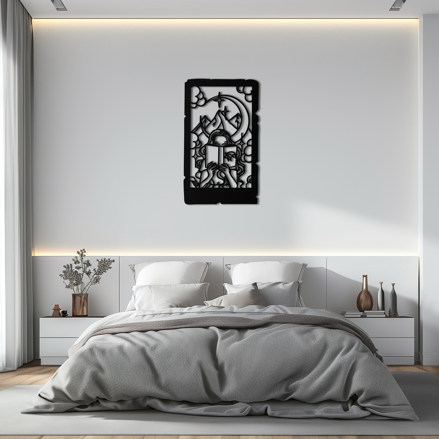 Reading Lady Metal Wall Art – Book Lover Silhouette with Moon and Mountains-KAF616 - Tampa Home & Garden Store
