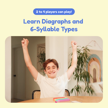 Reading Digraphs Game toy by The Fidget Games, kid raises arms at colorful blocks on Tampa Home & Garden Store