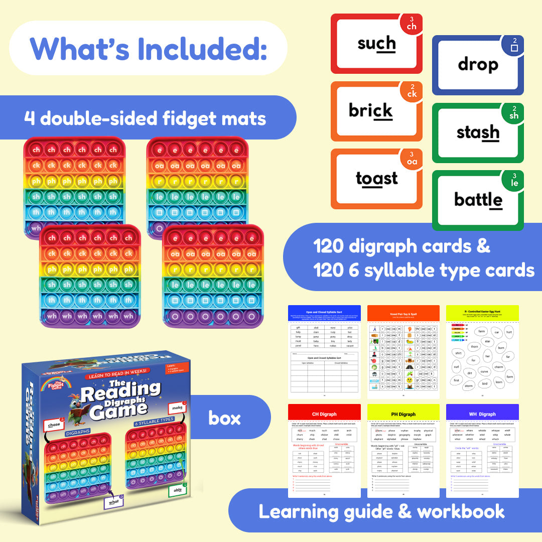 Reading Digraphs Game educational toy by The Fidget Games with 4 rainbow mats and 240 cards on Tampa Home & Garden Store