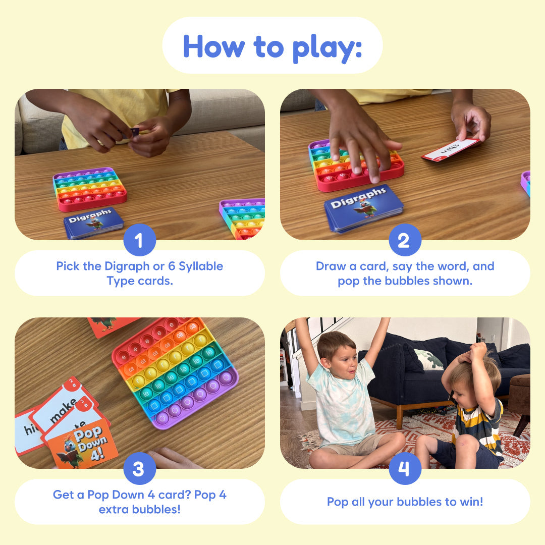 The Reading Digraphs Game by The Fidget Games, rainbow pop board with digraph cards on Tampa Home & Garden Store