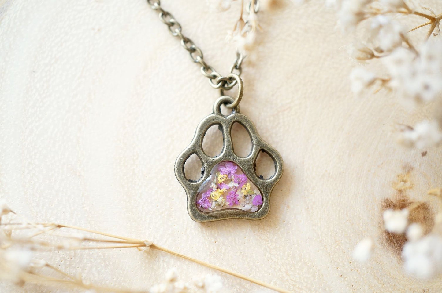 Real Dried Flowers in Resin Necklace, Dog Paw in Pink Yellow White - Tampa Home & Garden Store