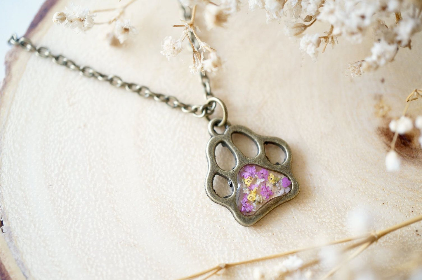 Real Dried Flowers in Resin Necklace, Dog Paw in Pink Yellow White - Tampa Home & Garden Store