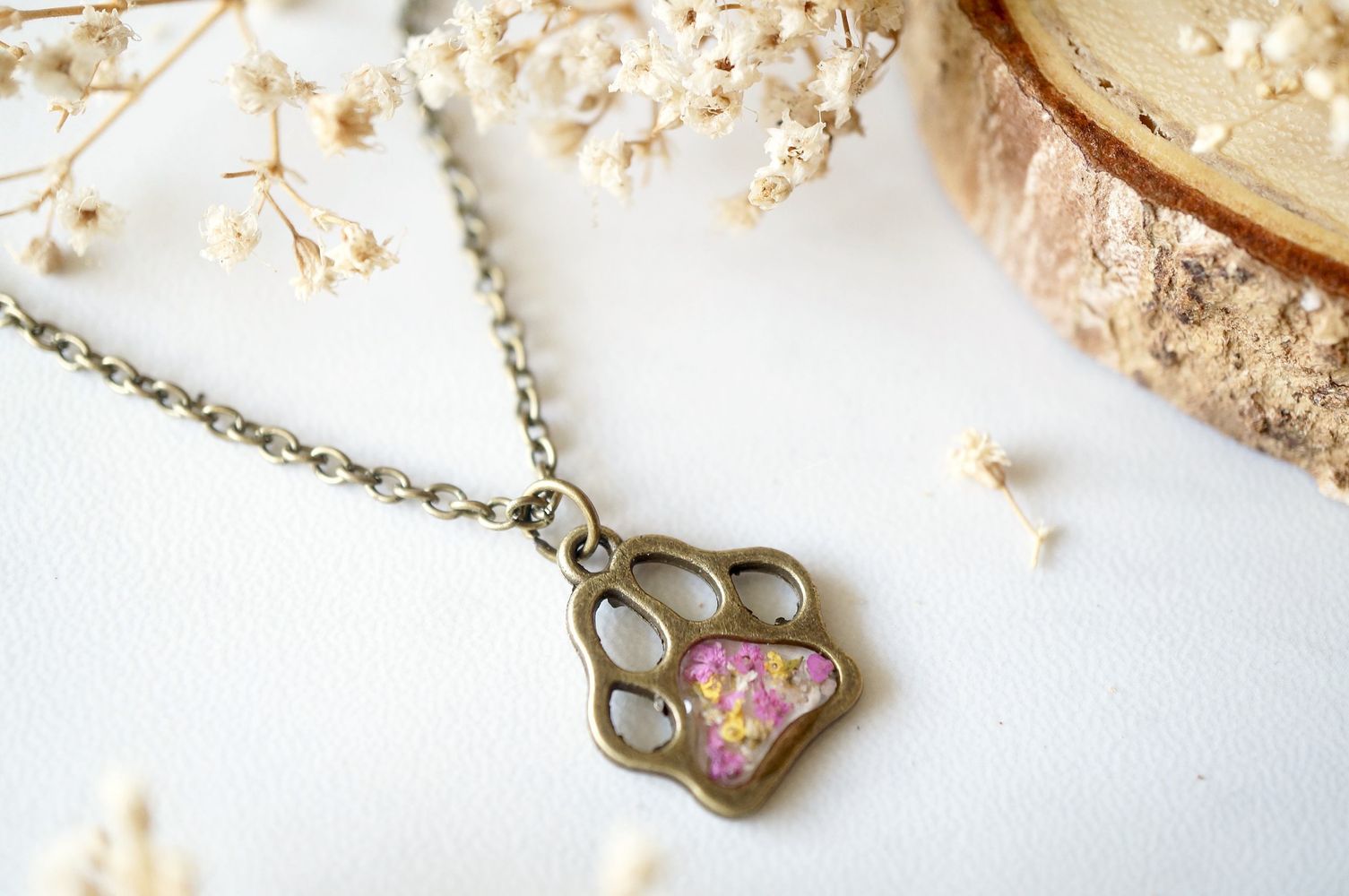 Real Dried Flowers in Resin Necklace, Dog Paw in Pink Yellow White - Tampa Home & Garden Store