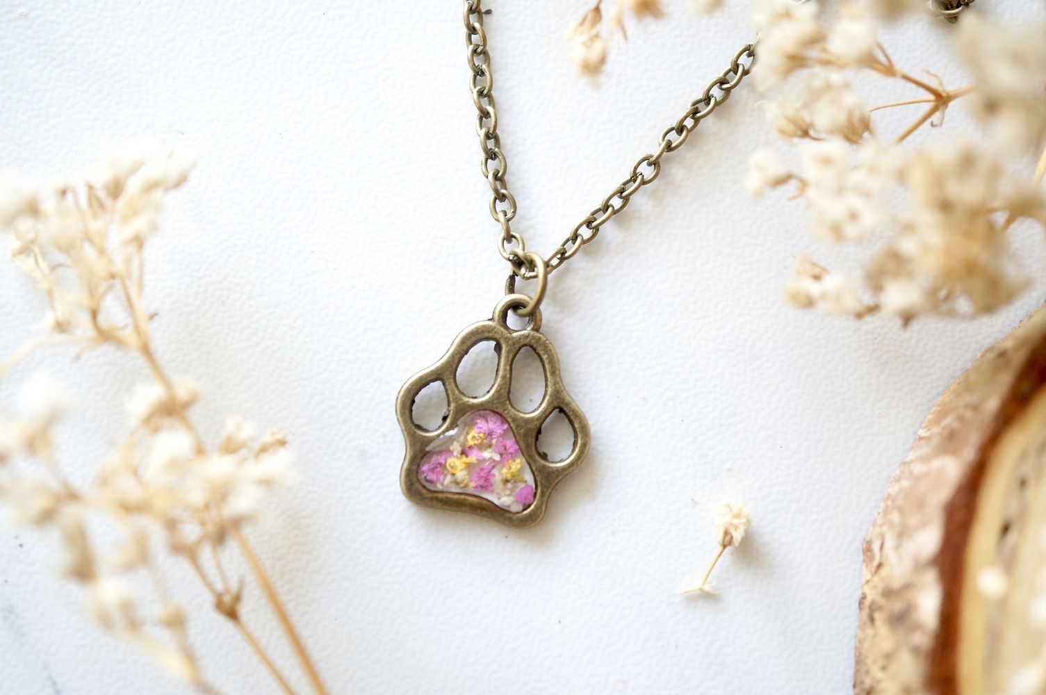 Real Dried Flowers in Resin Necklace, Dog Paw in Pink Yellow White - Tampa Home & Garden Store