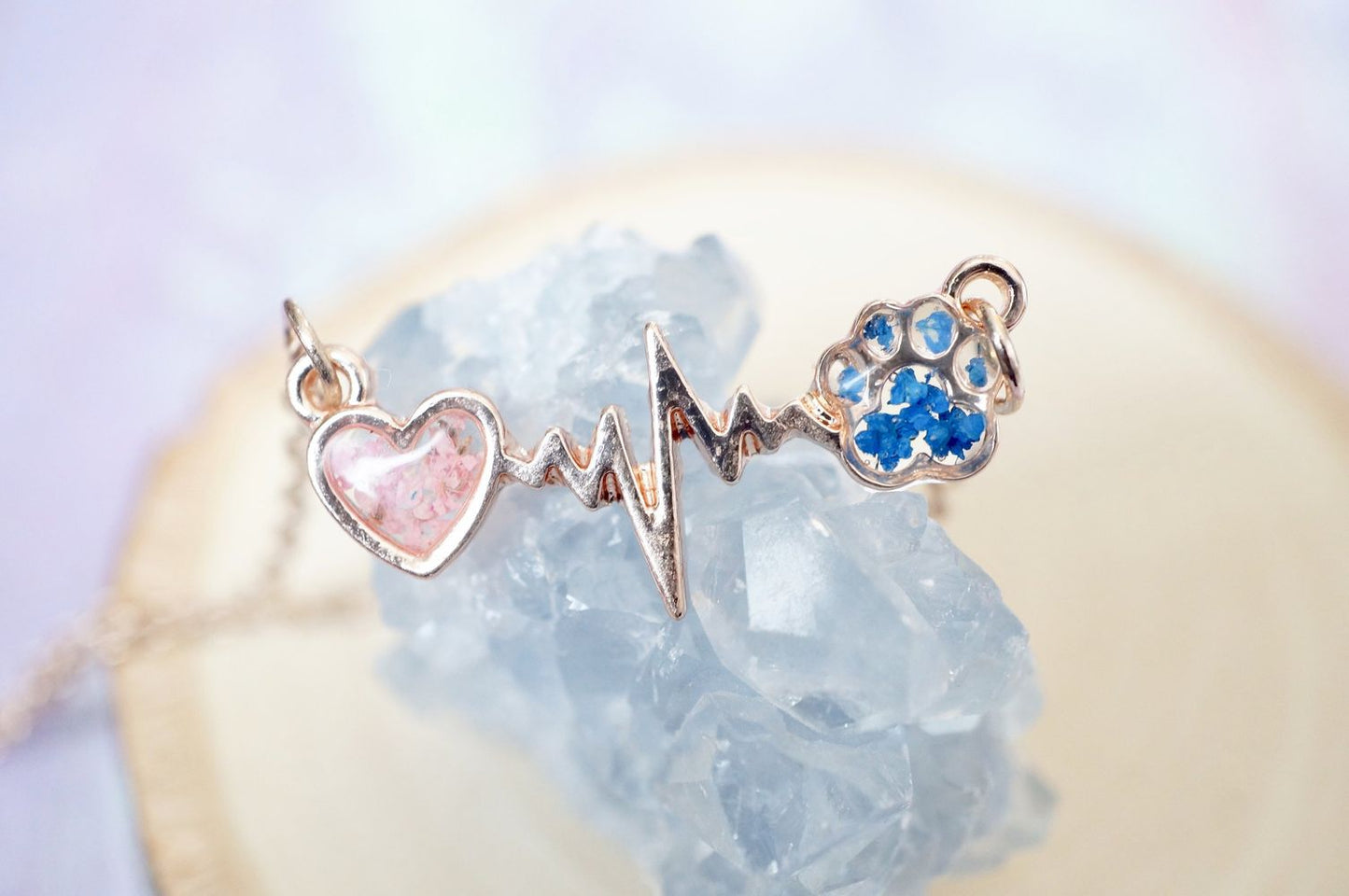 Real Pressed Flowers in Resin, Gold Dog Necklace in Blue and Pink - Tampa Home & Garden Store