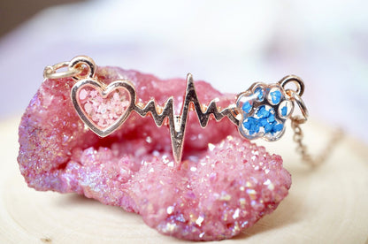 Real Pressed Flowers in Resin, Gold Dog Necklace in Blue and Pink - Tampa Home & Garden Store