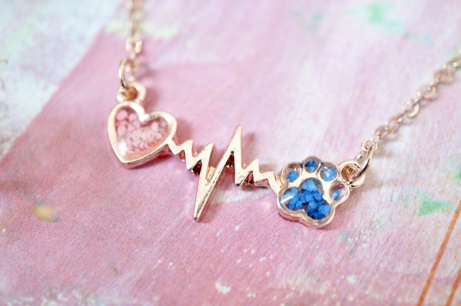 Real Pressed Flowers in Resin, Gold Dog Necklace in Blue and Pink - Tampa Home & Garden Store