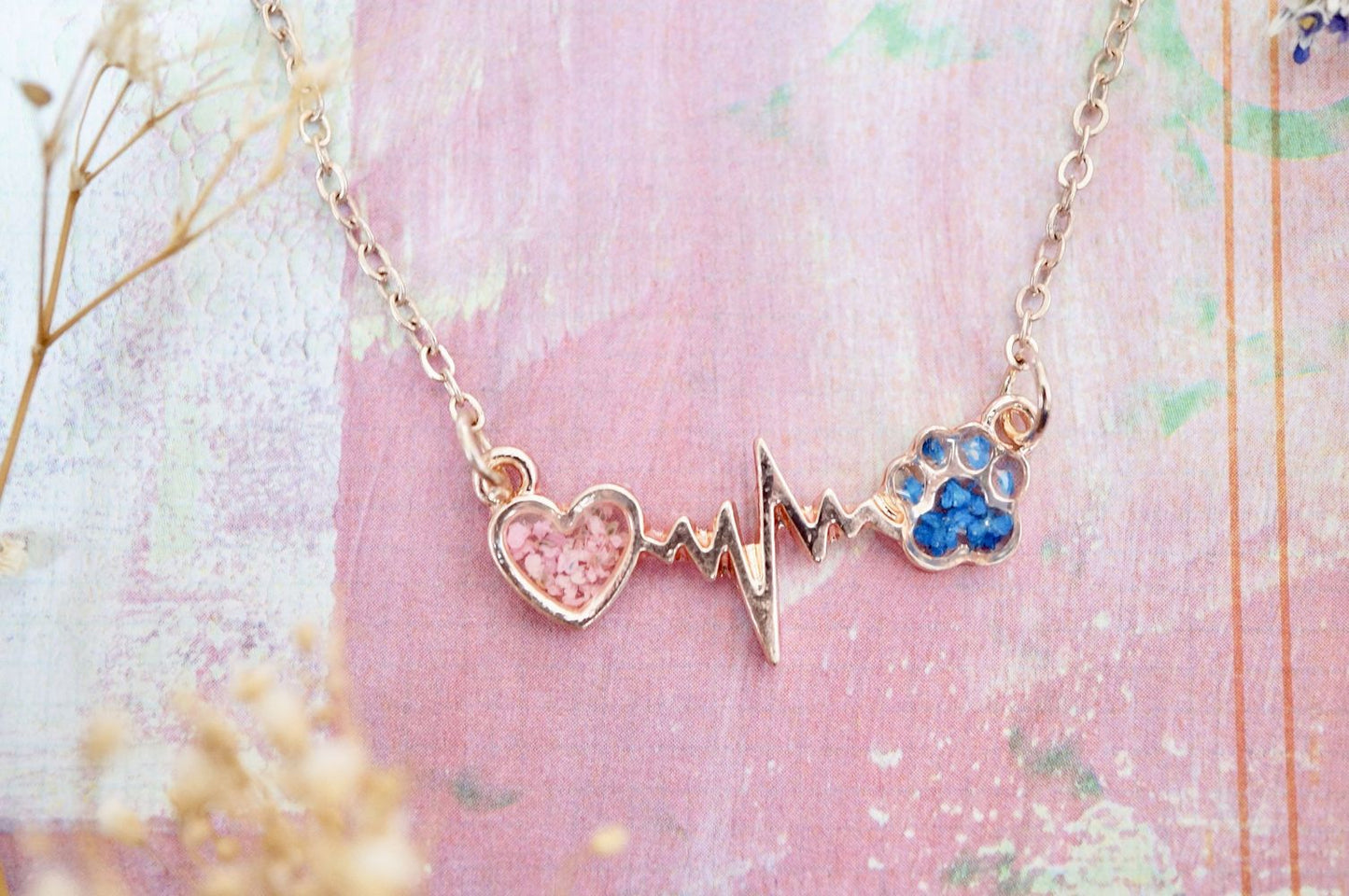 Real Pressed Flowers in Resin, Gold Dog Necklace in Blue and Pink - Tampa Home & Garden Store