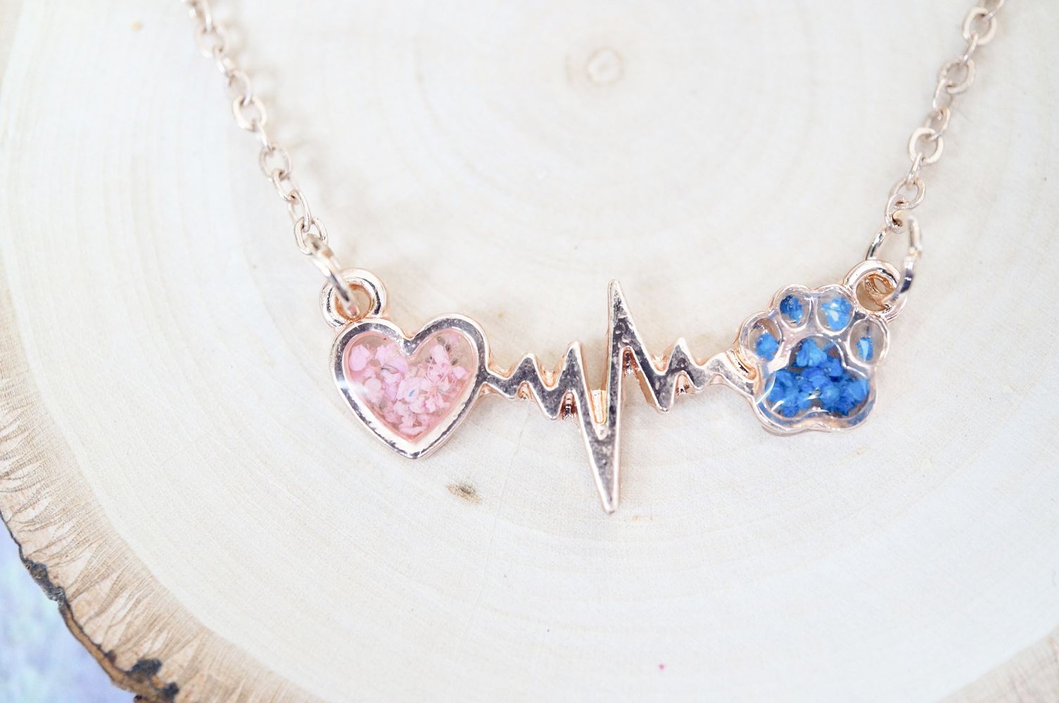 Real Pressed Flowers in Resin, Gold Dog Necklace in Blue and Pink - Tampa Home & Garden Store