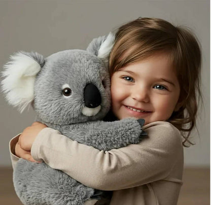 Weighted Koala Plush Toy by Moktan Sabai, grey plush stuffed animal held by a smiling child on Tampa Home & Garden Store