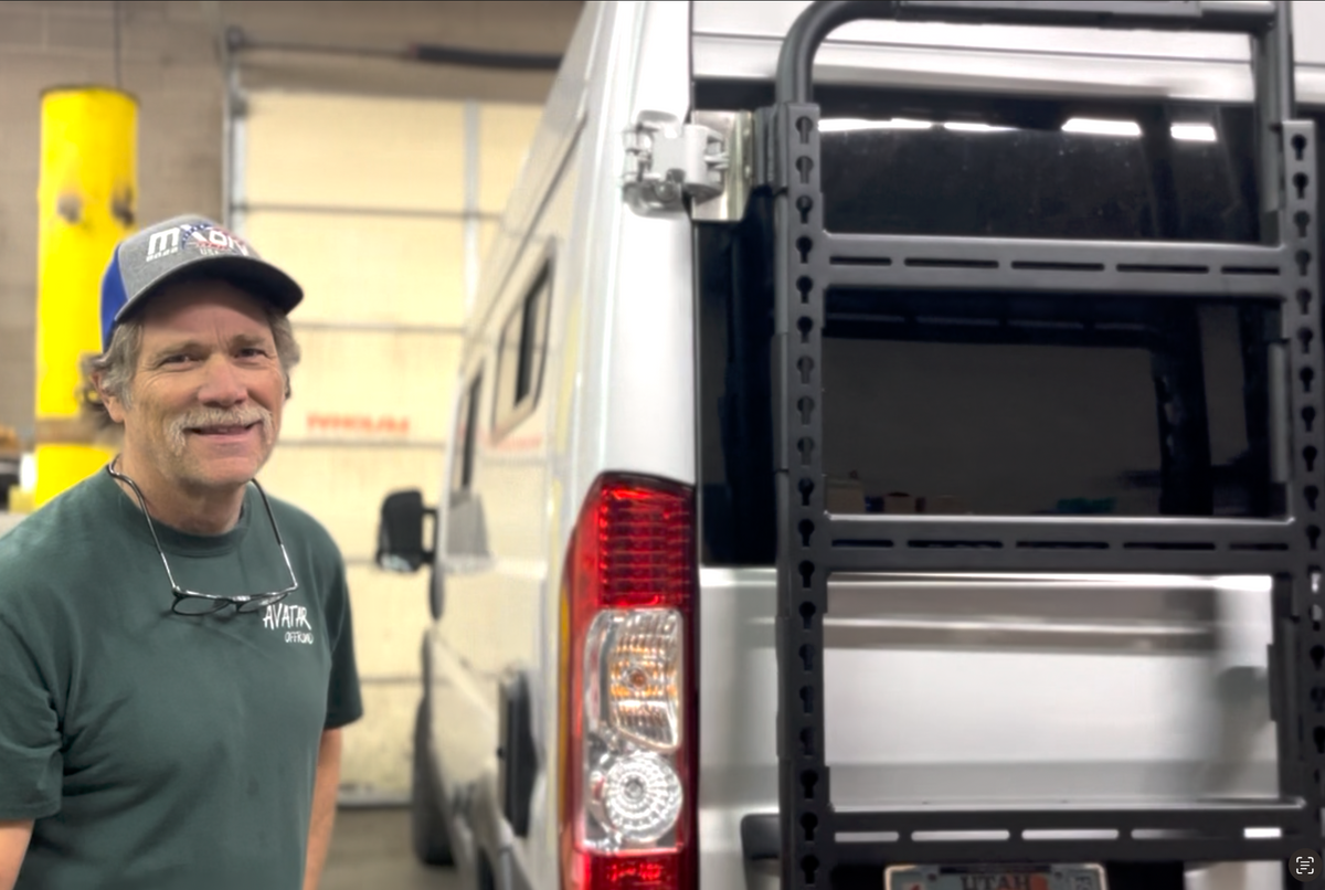 Avatar Massif van rear door storage mounting system rack in black steel mounted on a silver van on Tampa Home & Garden Store