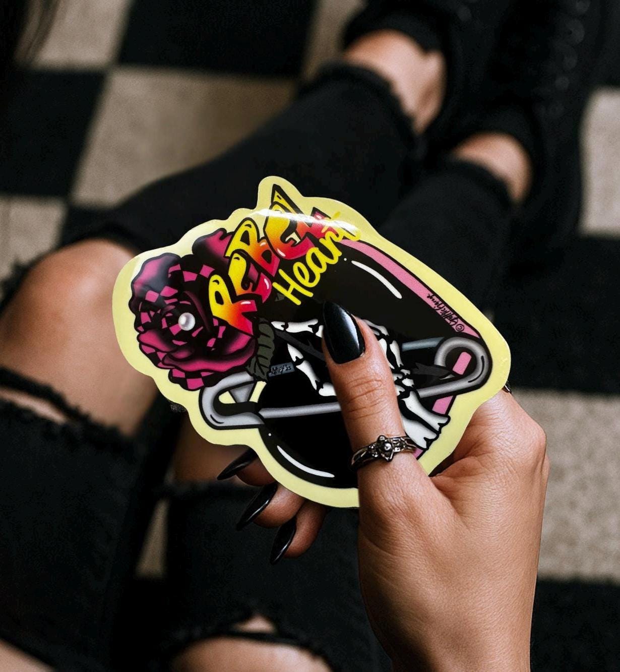Rebel Heart Punk Sticker: Skeleton Hand, Rose, Safety Pin - Waterproof Die Cut - Tampa Home & Garden Store
