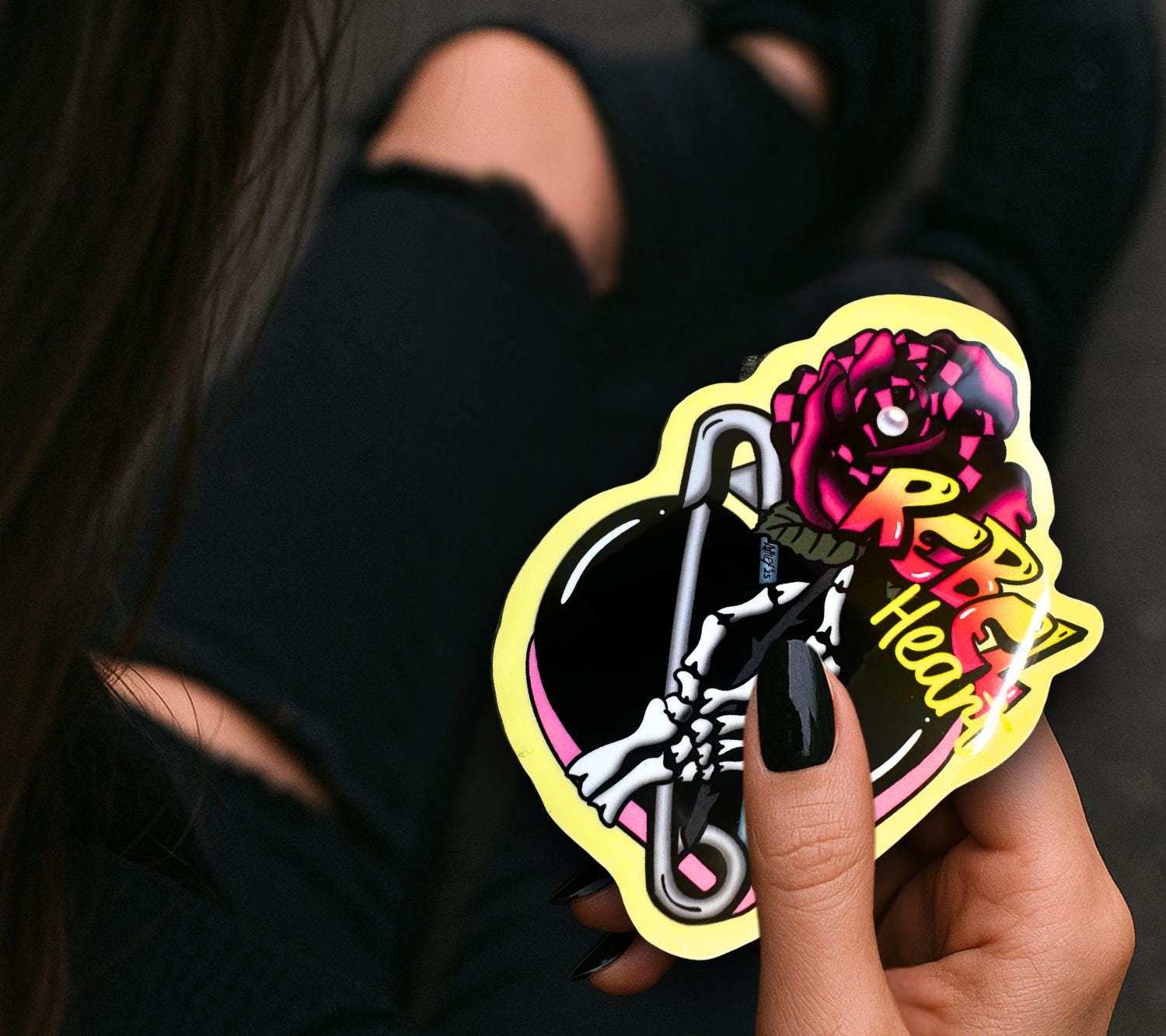 Rebel Heart Punk Sticker: Skeleton Hand, Rose, Safety Pin - Waterproof Die Cut - Tampa Home & Garden Store
