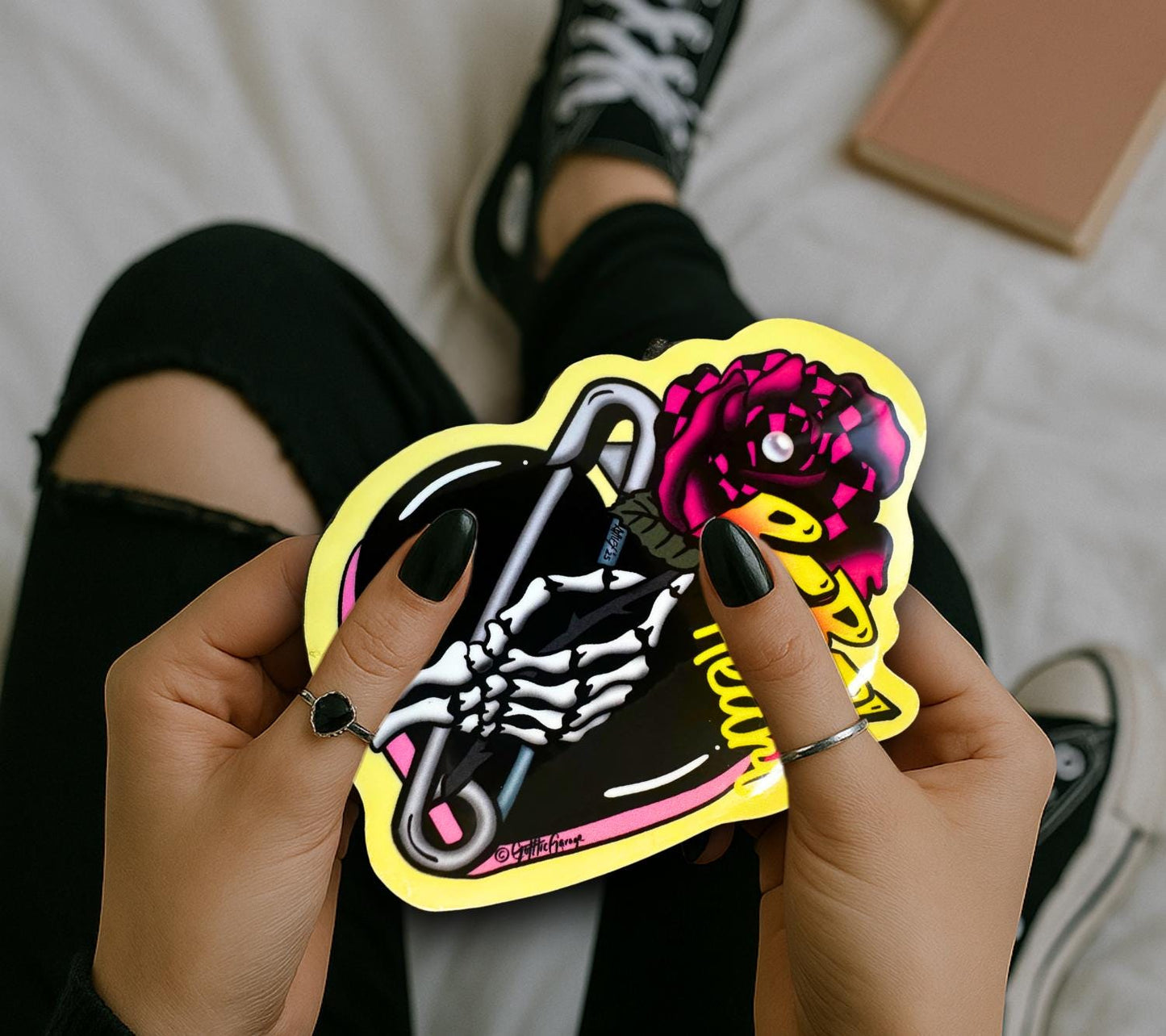 Rebel Heart Punk Sticker: Skeleton Hand, Rose, Safety Pin - Waterproof Die Cut - Tampa Home & Garden Store