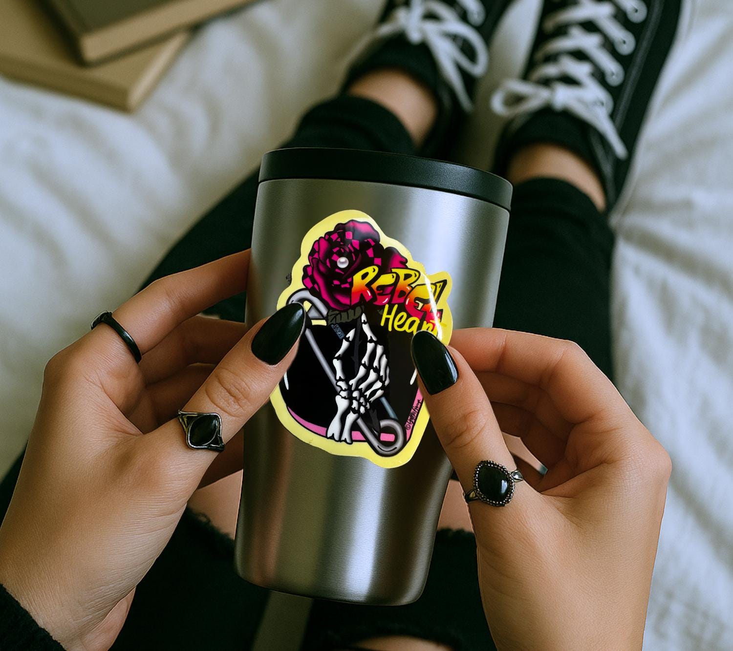 Rebel Heart Punk Sticker: Skeleton Hand, Rose, Safety Pin - Waterproof Die Cut - Tampa Home & Garden Store