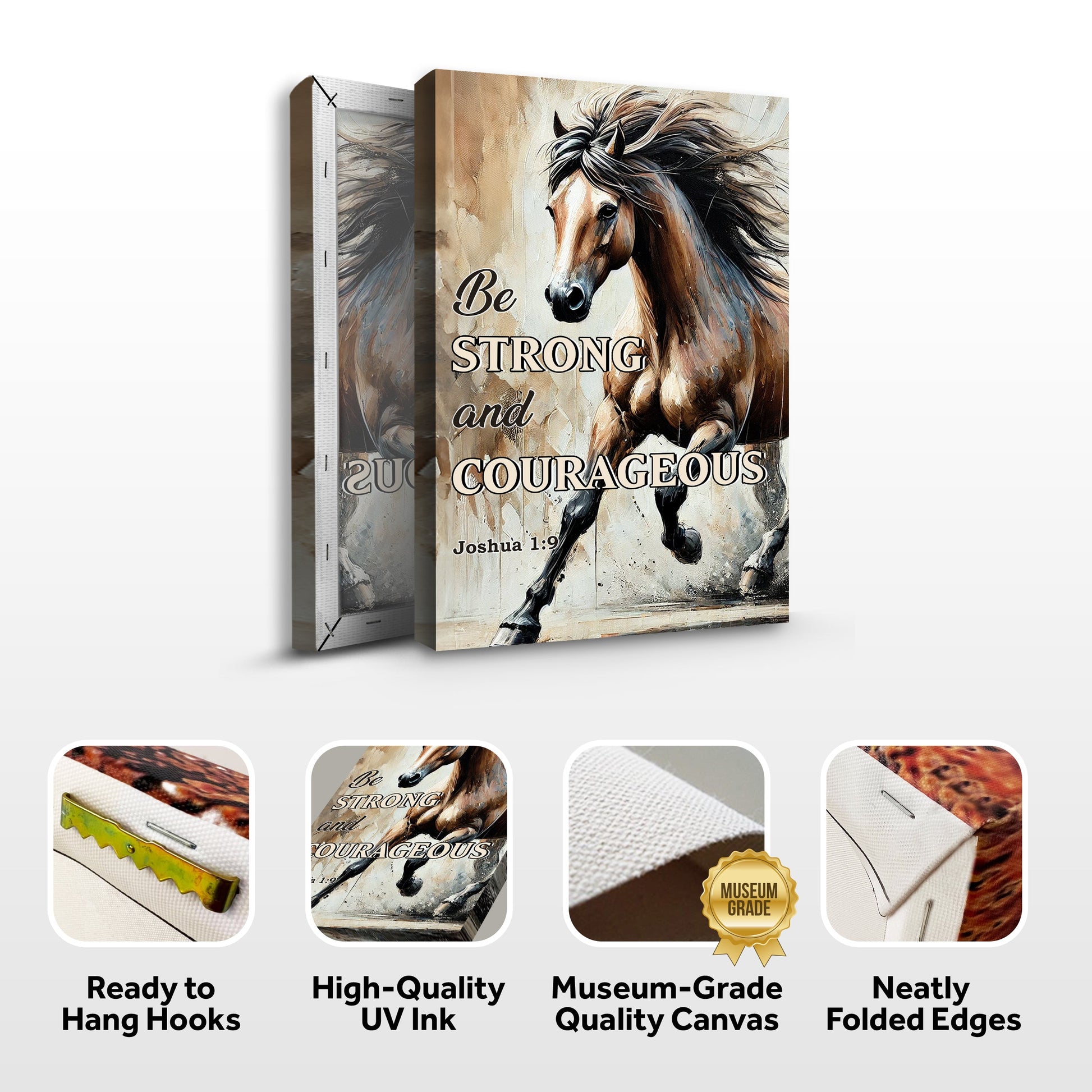 Be Strong And Courageous Faith Sign V canvas by Tailored Canvases with galloping horse on Tampa Home & Garden Store