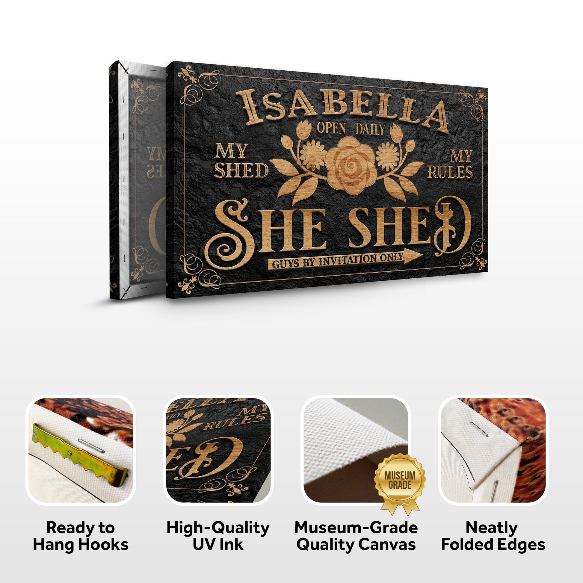 Personalized She Shed sign canvas with black textured background and gold foil lettering on Tampa Home & Garden Store