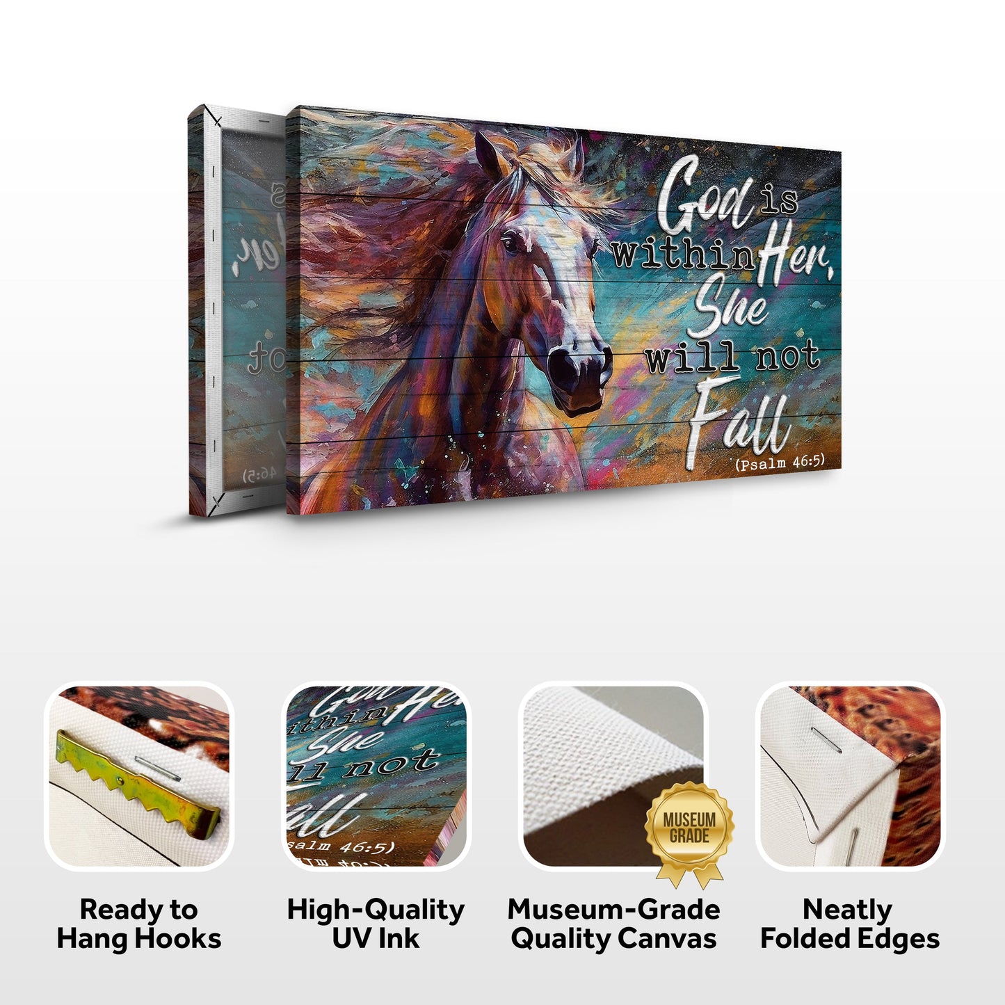 Canvas faith sign God Is Within She Will Not Fall Psalm 46:5 by Tailored Canvases; horse art on Tampa Home & Garden Store