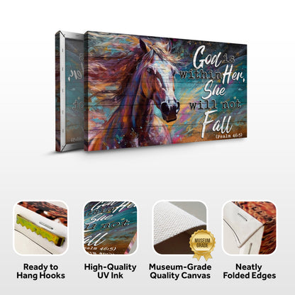 Canvas faith sign God Is Within She Will Not Fall Psalm 46:5 by Tailored Canvases; horse art on Tampa Home & Garden Store