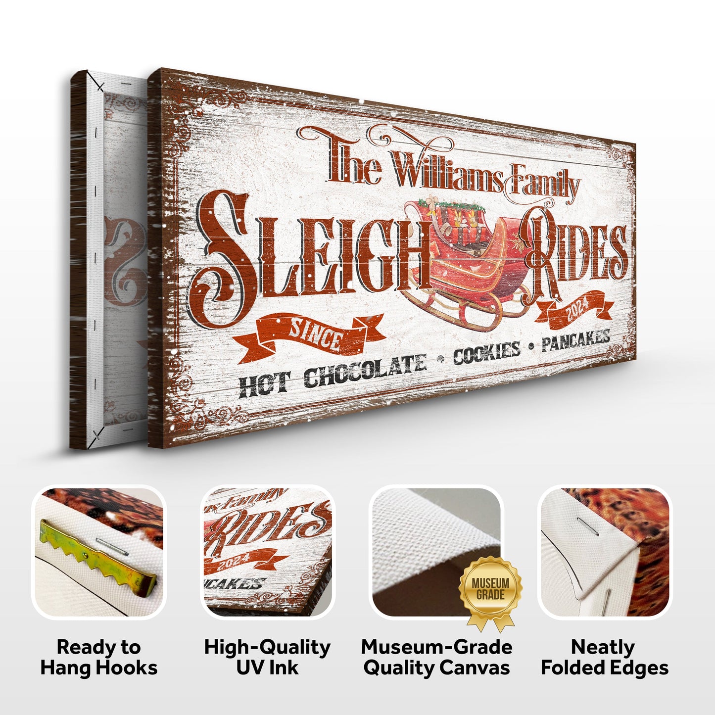 Canvas Sleigh Rides Christmas Sign by Tailored Canvases with wood grain and red lettering on Tampa Home & Garden Store